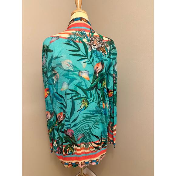 Johnny Was Tiana Swing Sweater Cardigan Single Button Teal Leopard Floral Sz S - Picture 6 of 8